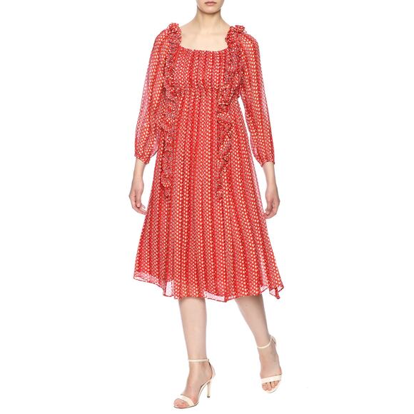 Tanya Taylor Dresses & Skirts - Tanya Taylor Daria Silk Midi Dress Size 8 Red Geo Print Chiffon Ruffles